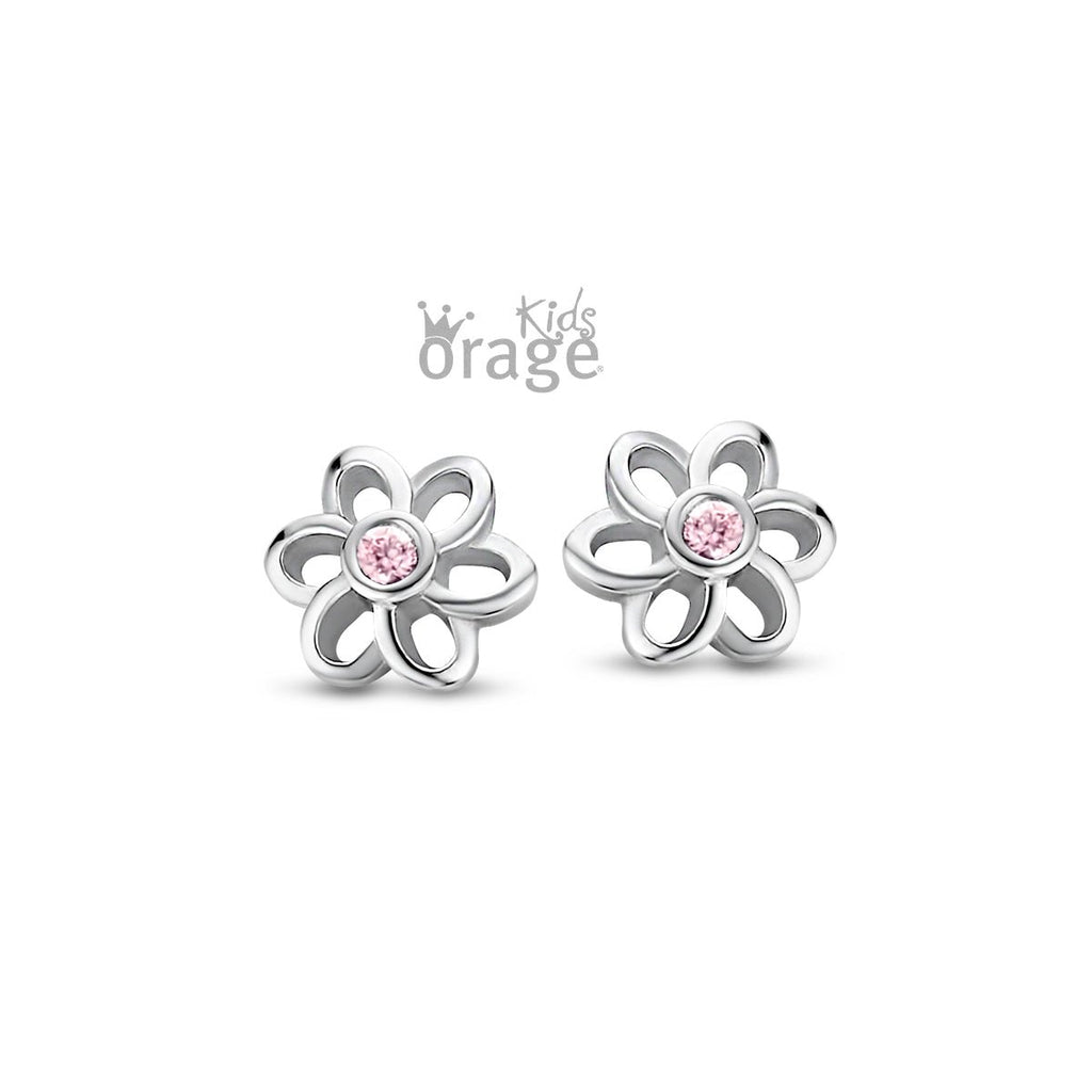 Zilveren kinder oorbellen bloemetje met roze steentje Orage - Staartjes en Strikjes