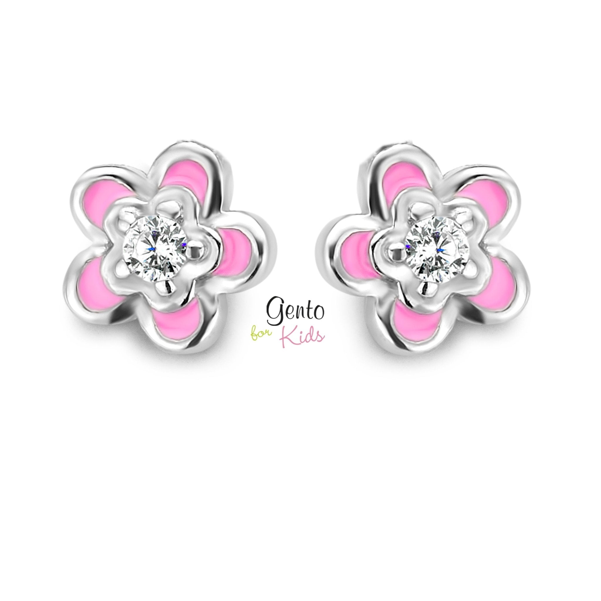 Zilveren kinder oorbellen bloemetje roze met steentje Gento for kids - Staartjes en Strikjes