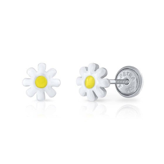 Zilveren kinder oorbellen bloemetje wit |schroefsluiting Lapetra - Staartjes en Strikjes