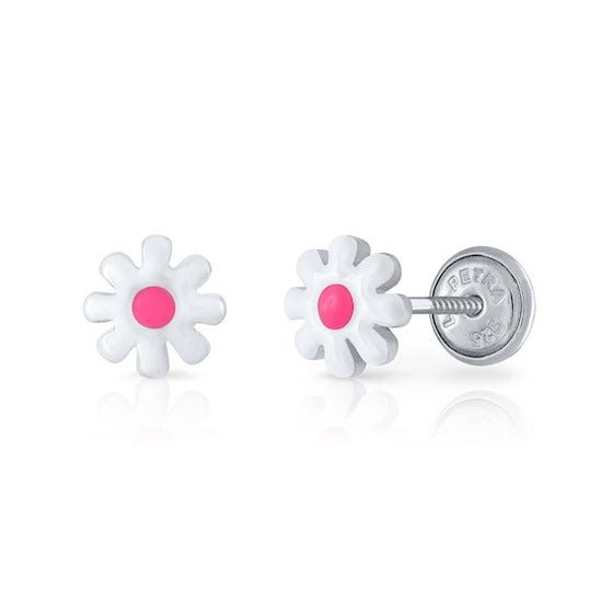 Zilveren kinder oorbellen bloemetje wit/roze |schroefsluiting Lapetra - Staartjes en Strikjes