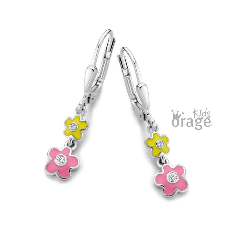 Zilveren kinder oorbellen bloemetjes geel/roze Orage Kids brisure sluiting - Staartjes en Strikjes