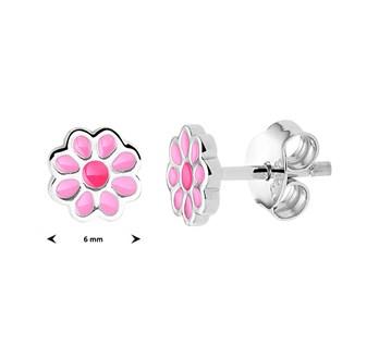 Zilveren kinder oorbellen bloemetjes roze - Staartjes en Strikjes
