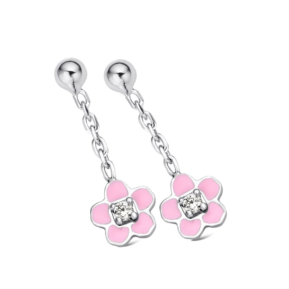 Zilveren kinder oorbellen bloemetjes roze hangertjes Naiomy Princess - Staartjes en Strikjes