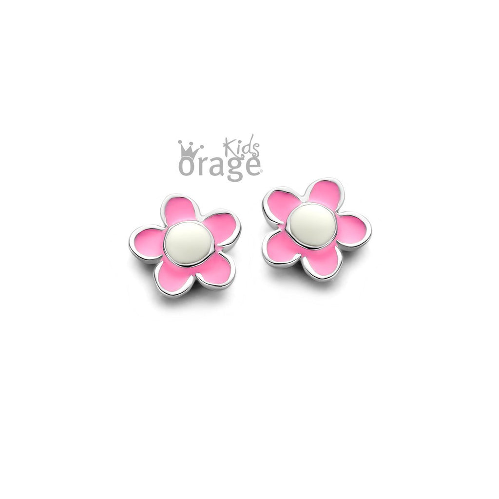Zilveren kinder oorbellen bloemetjes roze/wit Orage Kids - Staartjes en Strikjes