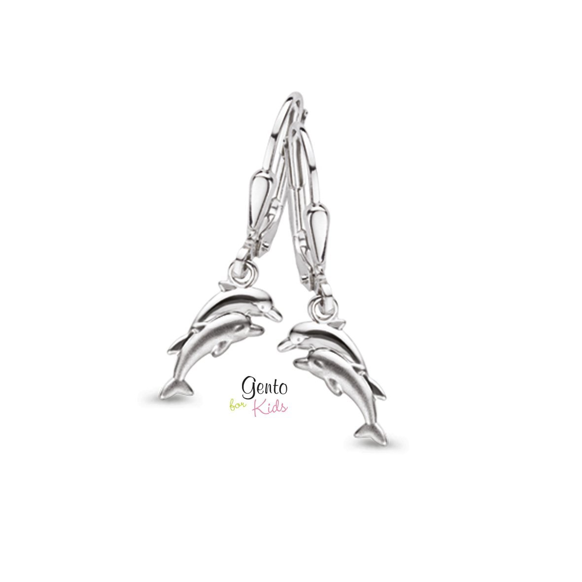 Zilveren kinder oorbellen dolfijnen Gento for kids brisure sluiting/oorslinger - Staartjes en Strikjes