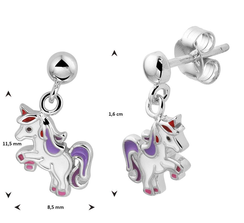 Zilveren kinder oorbellen eenhoorn paars/wit/rood/roze hangend - Staartjes en Strikjes