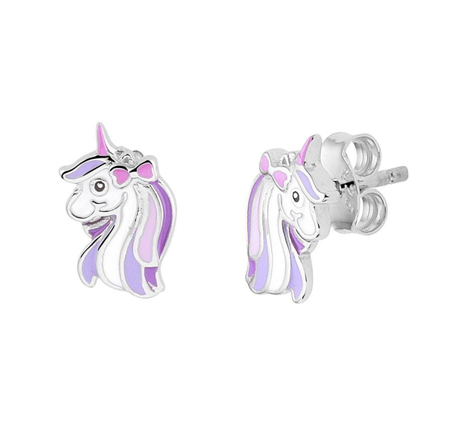 Zilveren kinder oorbellen eenhoorn paars/wit/roze - Staartjes en Strikjes