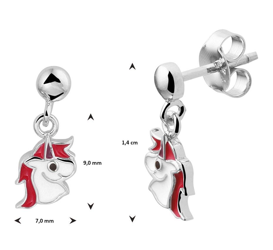 Zilveren kinder oorbellen eenhoorn rood/wit hangend - Staartjes en Strikjes