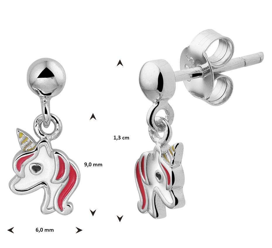 Zilveren kinder oorbellen eenhoorn rood/wit/geel hangend - Staartjes en Strikjes