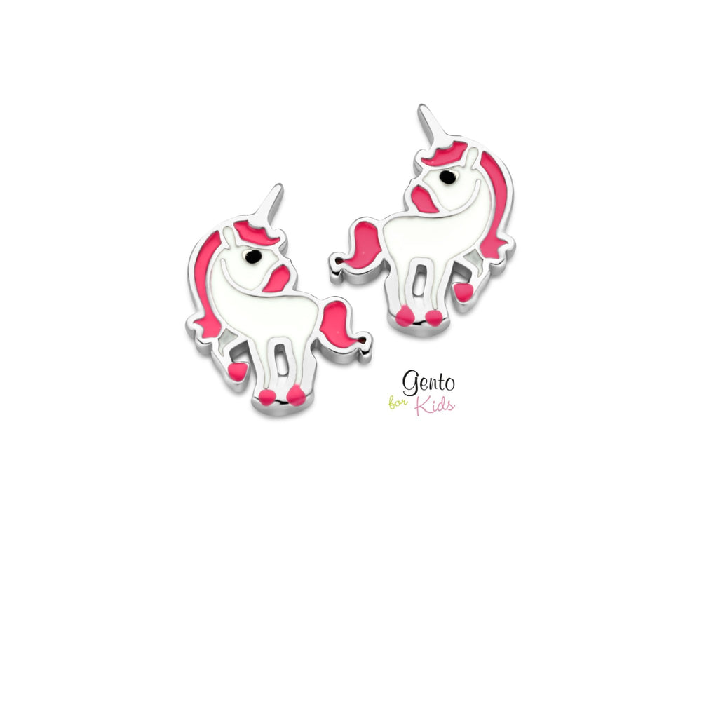 Zilveren kinder oorbellen eenhoorn wit/roze Gento for kids - Staartjes en Strikjes