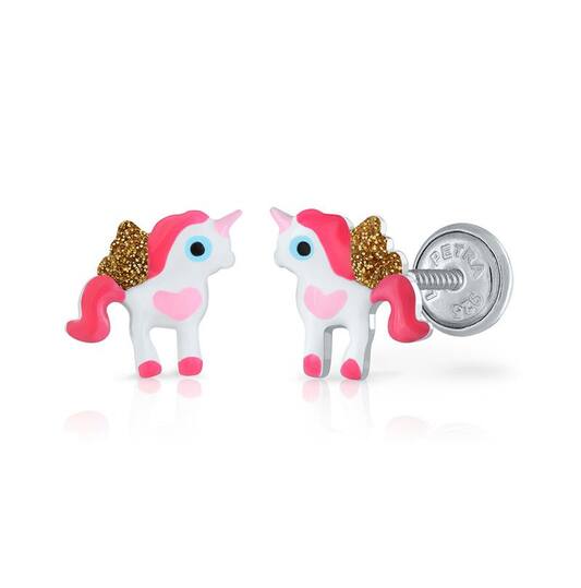 Zilveren kinder oorbellen eenhoorn wit/roze/goud |schroefsluiting Lapetra - Staartjes en Strikjes