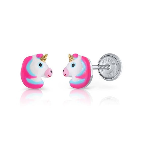 Zilveren kinder oorbellen eenhoorn/unicorn roze |schroefsluiting Lapetra - Staartjes en Strikjes