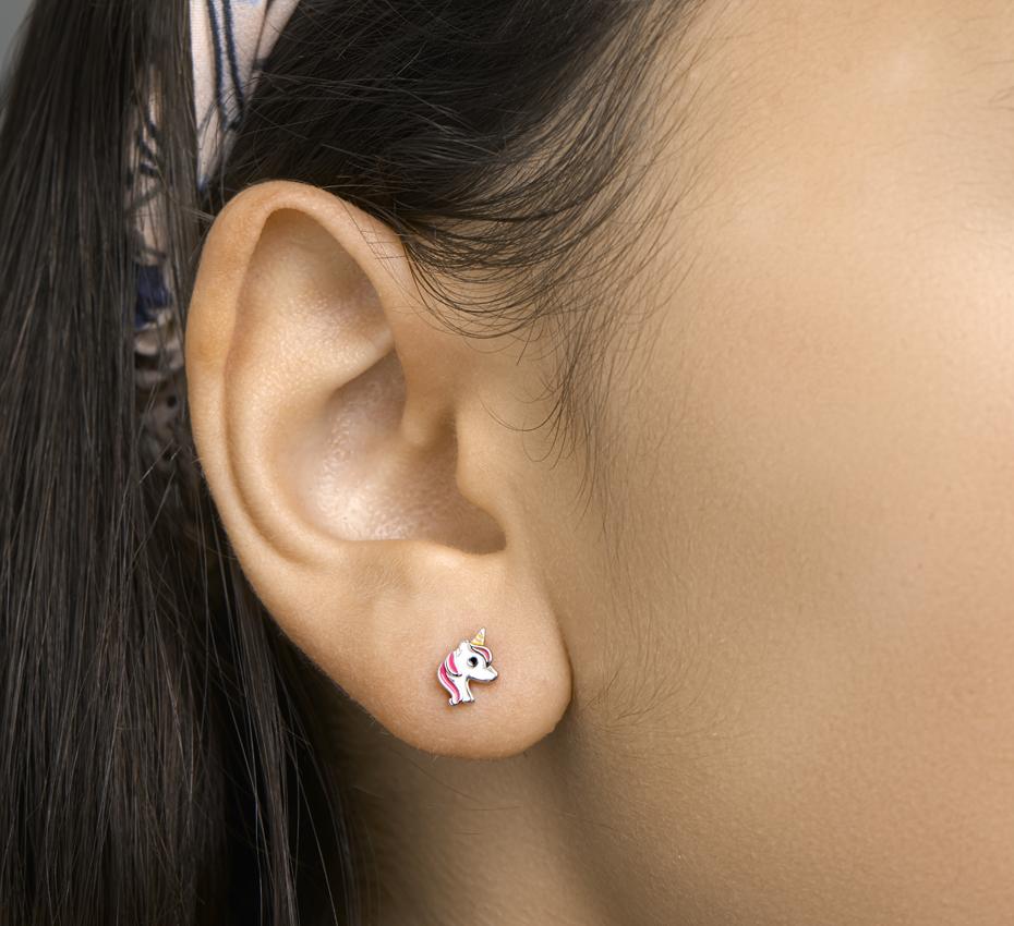 Zilveren kinder oorbellen eenhoorn/unicorn roze/wit - Staartjes en Strikjes