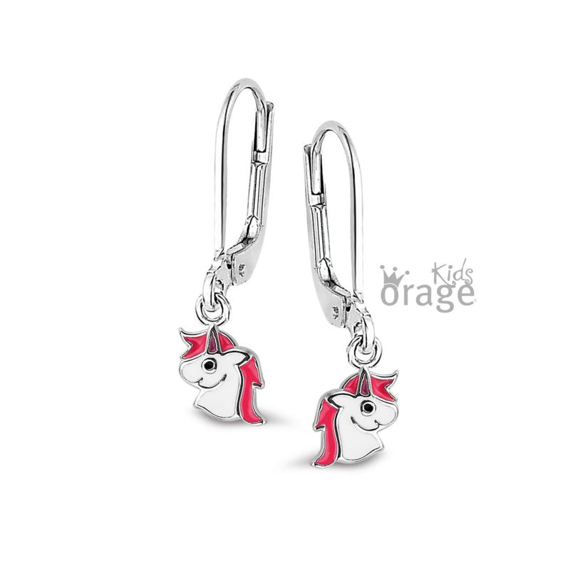 Zilveren kinder oorbellen eenhoorn/unicorn roze/wit Orage Kids brisuresluting - Staartjes en Strikjes