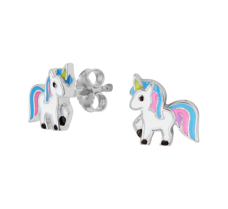 Zilveren kinder oorbellen eenhoorn/unicorn wit/blauw/roze - Staartjes en Strikjes