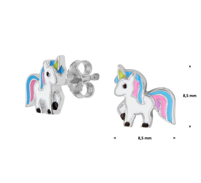 Zilveren kinder oorbellen eenhoorn/unicorn wit/blauw/roze - Staartjes en Strikjes