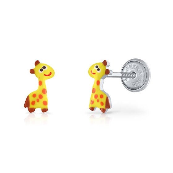 Zilveren kinder oorbellen giraffe geel |schroefsluiting Lapetra - Staartjes en Strikjes