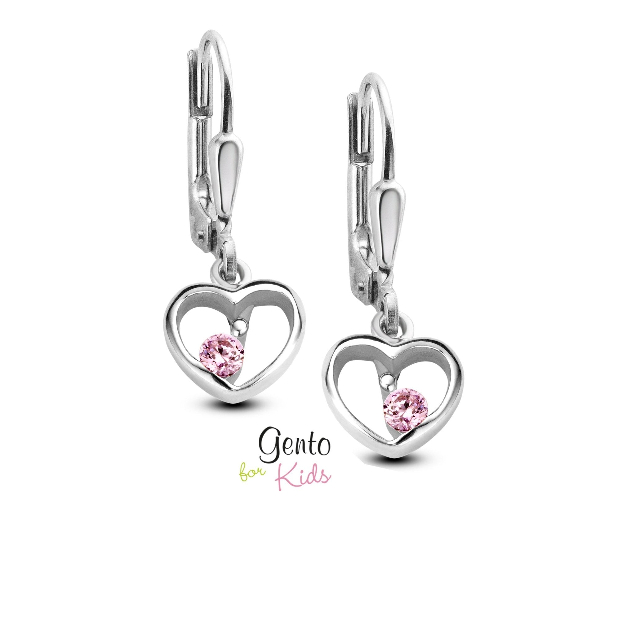 Zilveren kinder oorbellen hartje met zirconia Gento for kids brisure sluiting/oorslinger - Staartjes en Strikjes