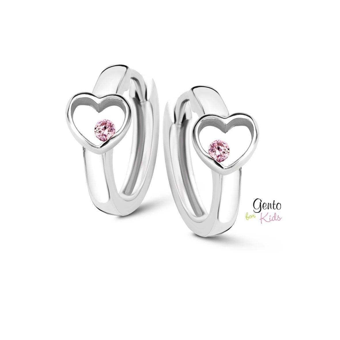 Zilveren kinder oorbellen hartje met zirconia roze Gento kids oorringen/creolen - Staartjes en Strikjes