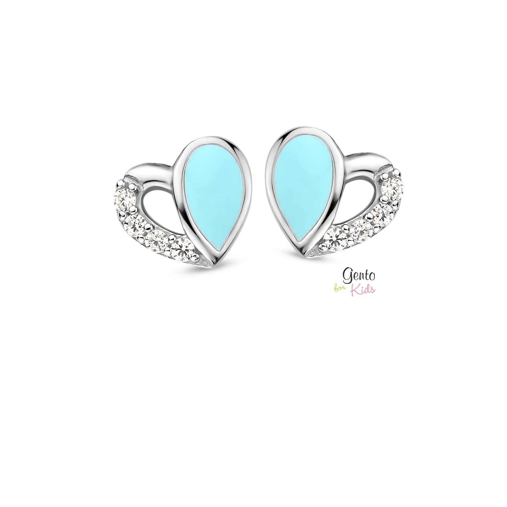 Zilveren kinder oorbellen hartjes blauw Gento for kids - Staartjes en Strikjes