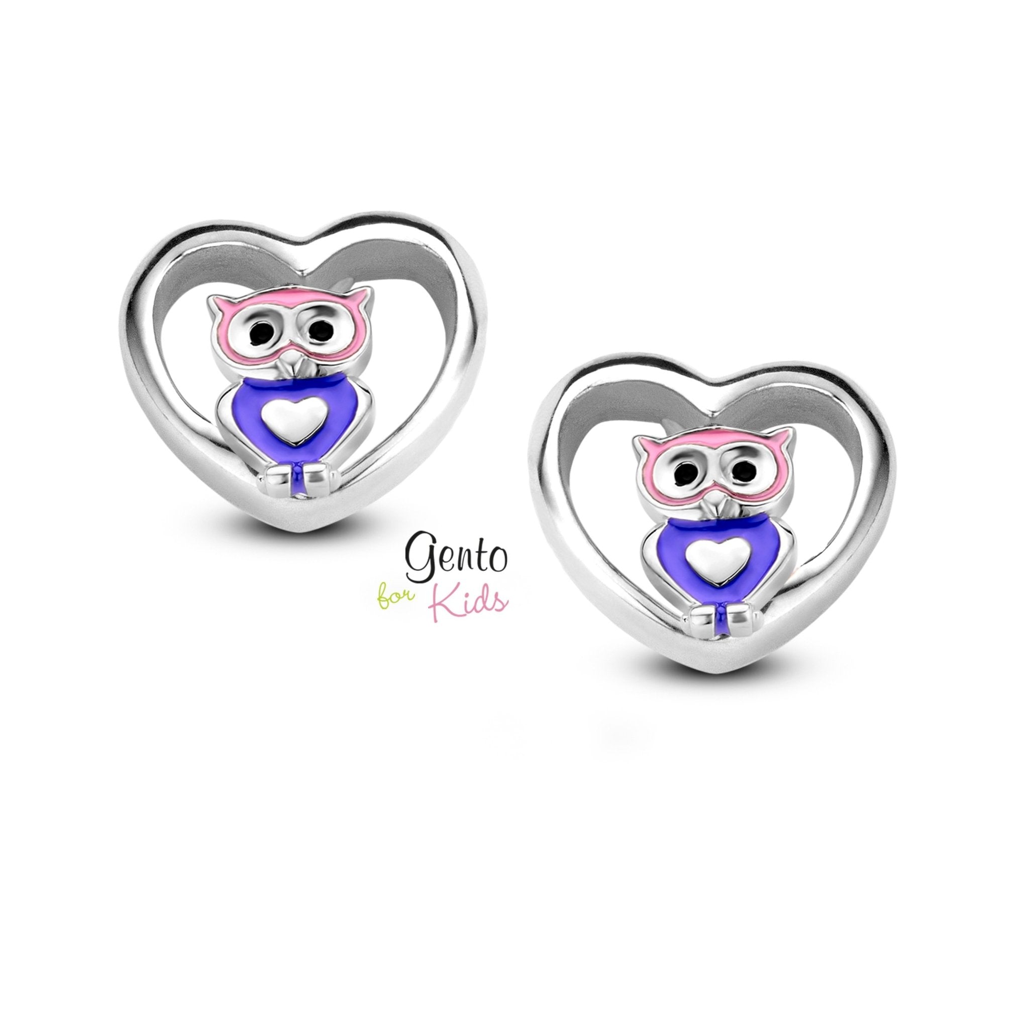 Zilveren kinder oorbellen hartjes met uiltje Gento for kids - Staartjes en Strikjes