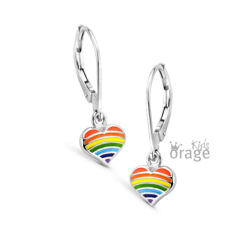 Zilveren kinder oorbellen hartjes multi color Orage Kids brisuresluiting - Staartjes en Strikjes