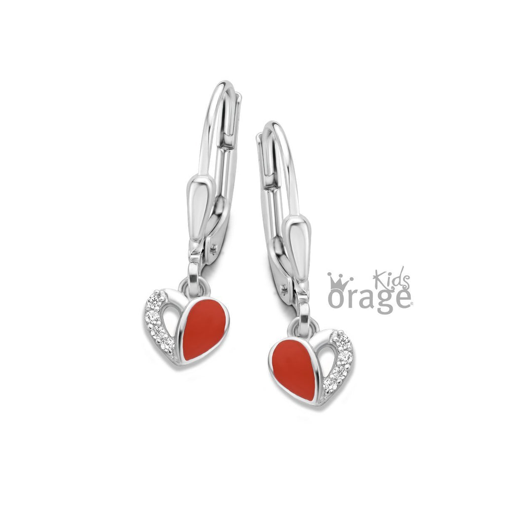 Zilveren kinder oorbellen hartjes rood Orage kids brisuresluiting/oorslinger - Staartjes en Strikjes
