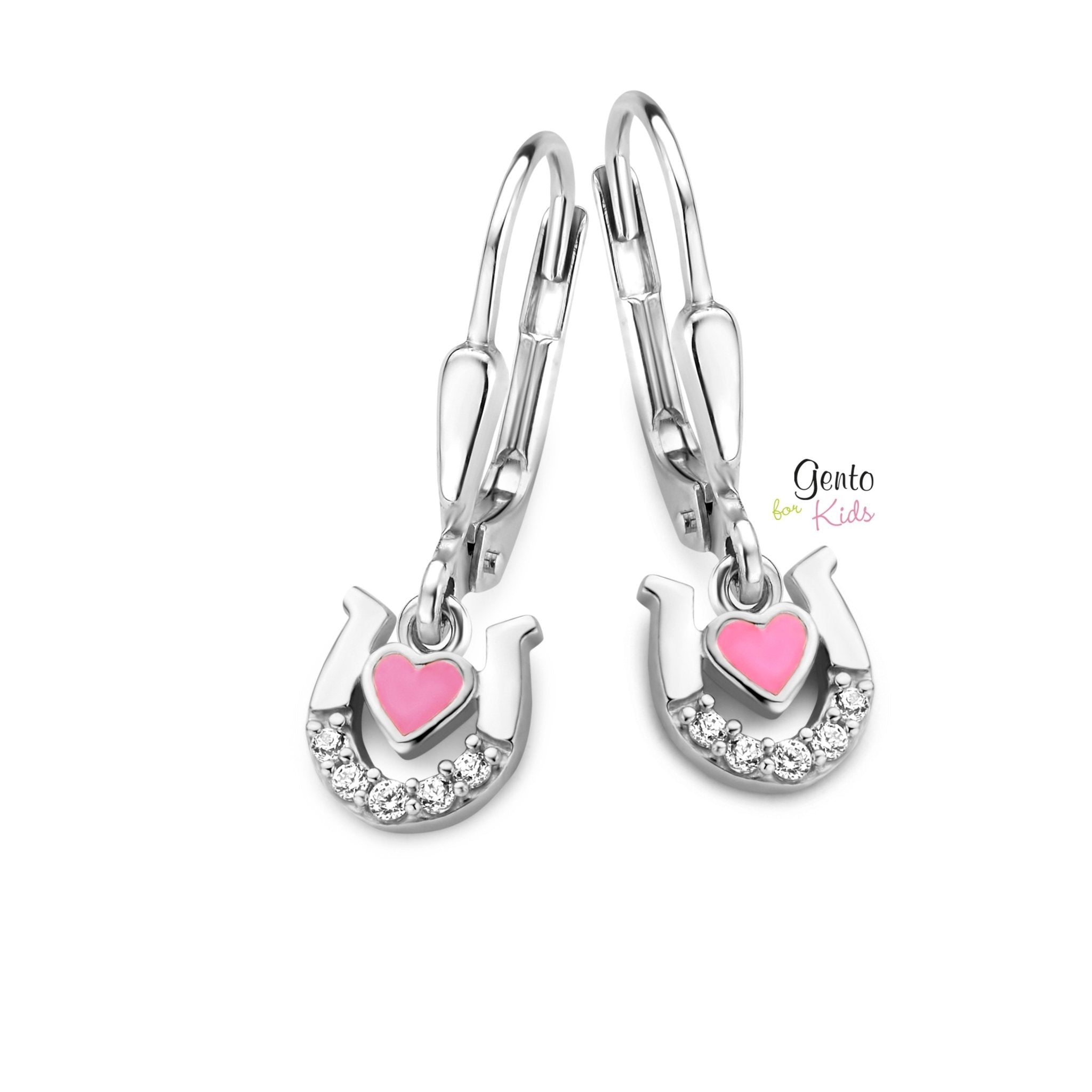 Zilveren kinder oorbellen hoefijzer met roze hartje Gento for kids brisure sluiting/oorslinger - Staartjes en Strikjes