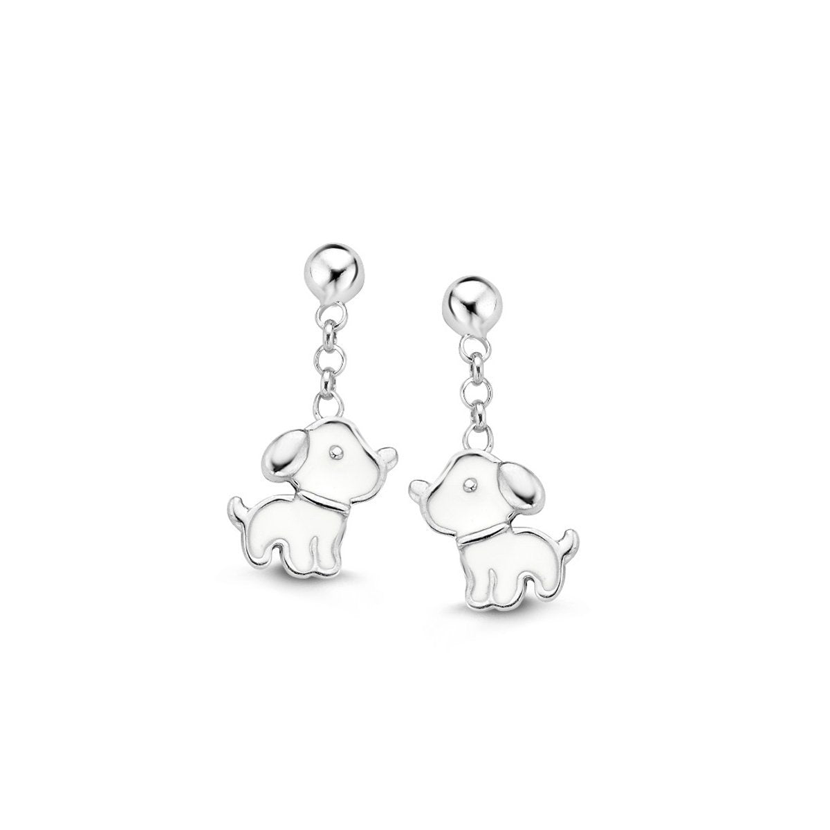 Zilveren kinder oorbellen hondje wit hangertjes Naiomy Princess - Staartjes en Strikjes