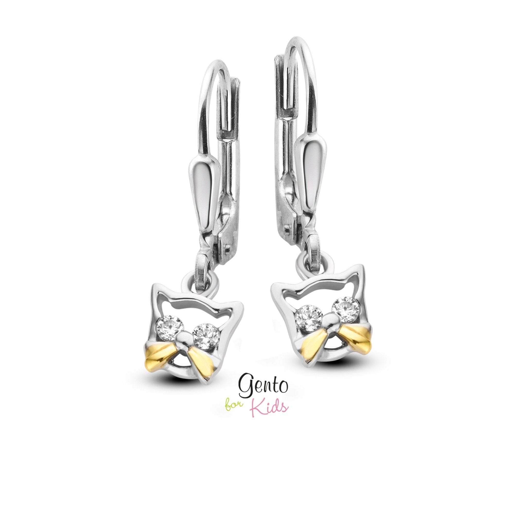 Zilveren kinder oorbellen katjes/poesjes Gento for kids brisure sluiting/oorslinger - Staartjes en Strikjes