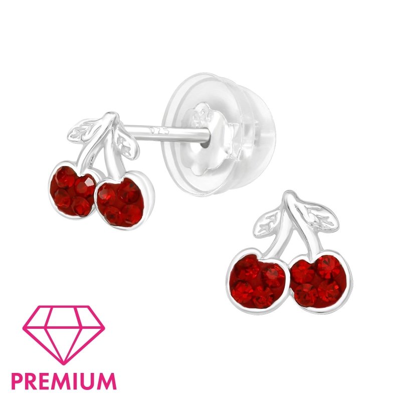 Zilveren kinder oorbellen kersjes met kleine rode steentjes - Staartjes en Strikjes
