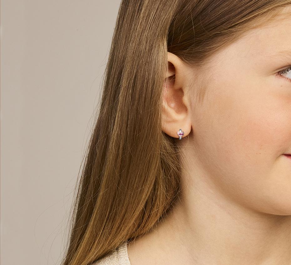 Zilveren kinder oorbellen klap creolen | hartje paars en roze tinten - Staartjes en Strikjes