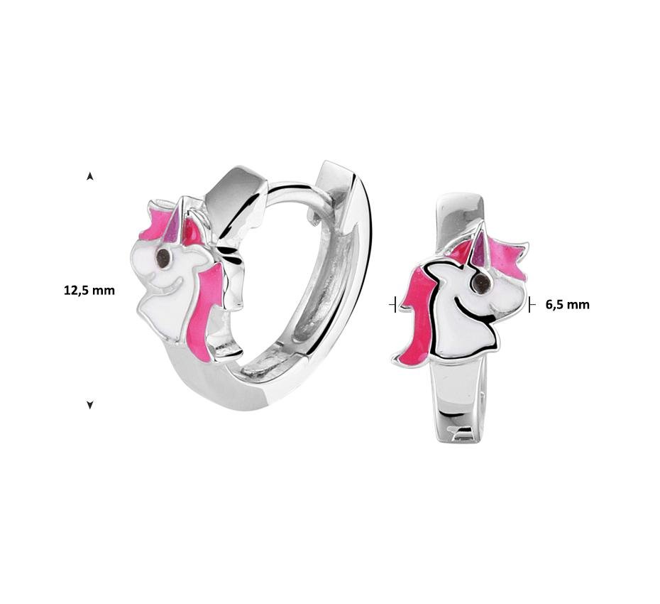 Zilveren kinder oorbellen klap creolen/oorringen | eenhoorn wit/roze - Staartjes en Strikjes