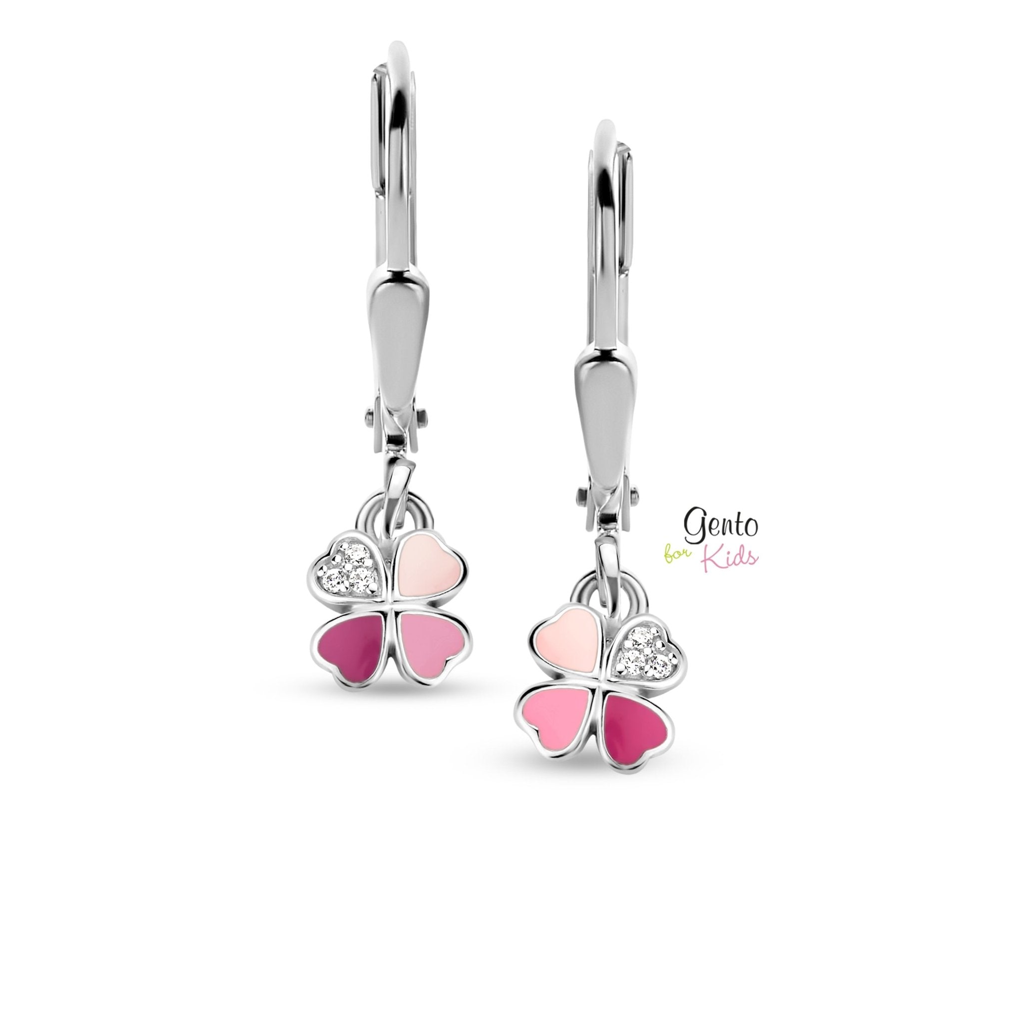 Zilveren kinder oorbellen klaver roze met steentje Gento for kids brisure sluiting/oorslinger - Staartjes en Strikjes