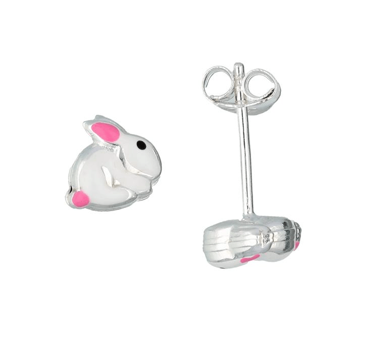 Zilveren kinder oorbellen konijntjes wit met roze Lilly - Staartjes en Strikjes