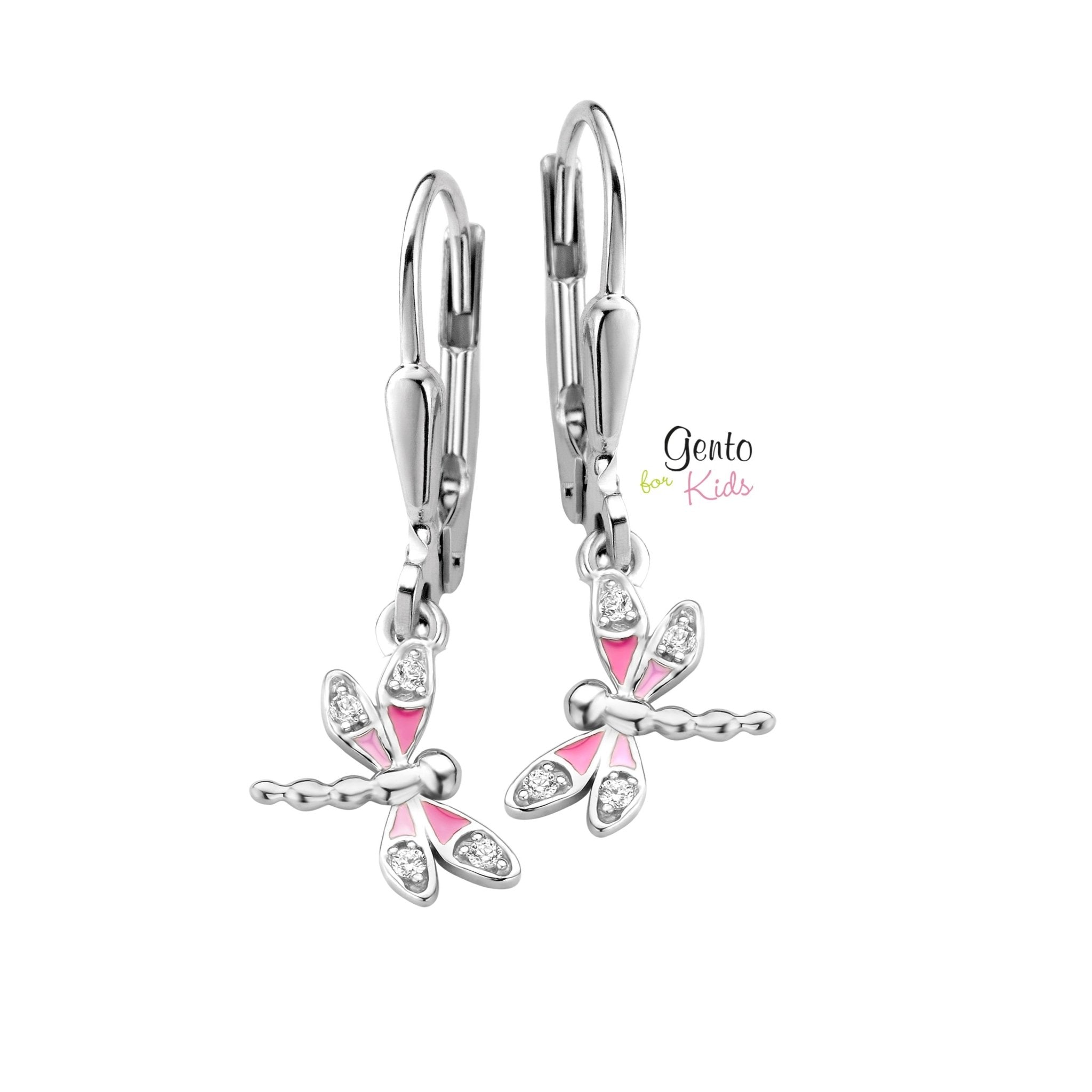 Zilveren kinder oorbellen libelle Gento for kids brisure sluiting/oorslinger - Staartjes en Strikjes
