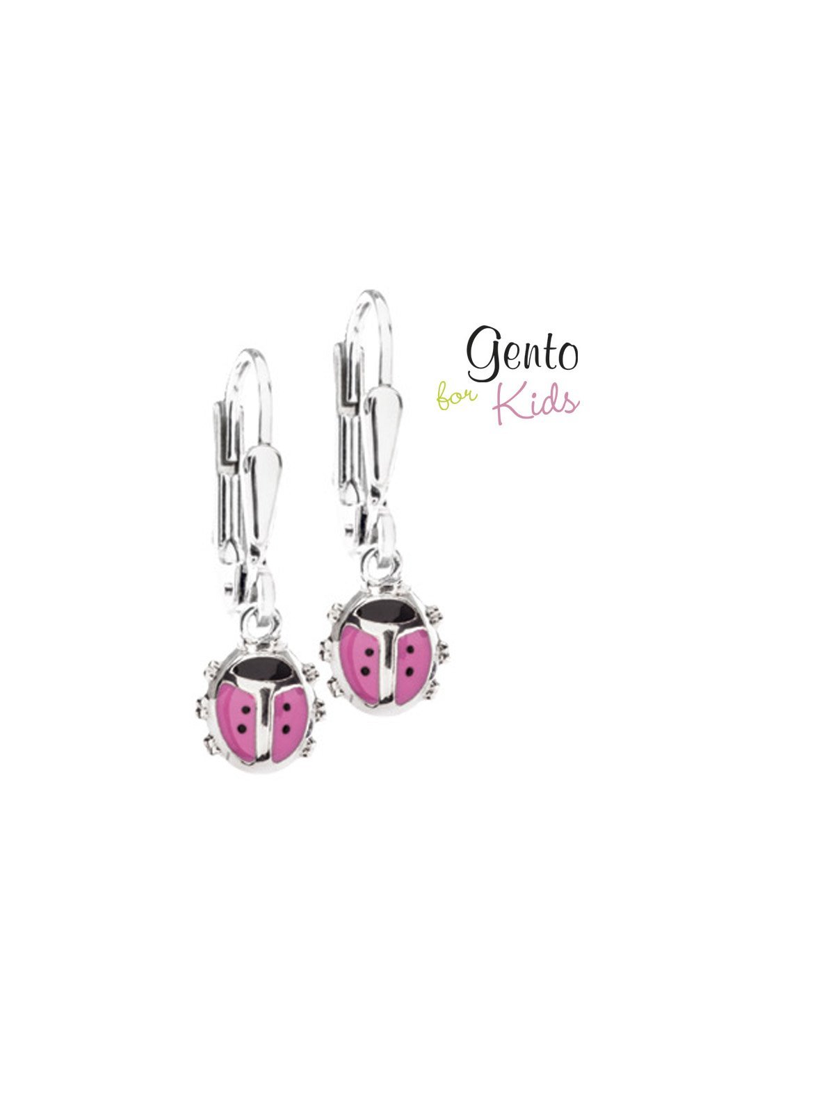 Zilveren kinder oorbellen lieveheersbeestjes roze Gento for kids brisure sluiting/oorslinger - Staartjes en Strikjes