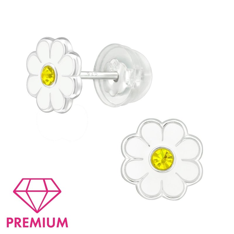 Zilveren kinder oorbellen margrietje wit met geel steentje - Staartjes en Strikjes