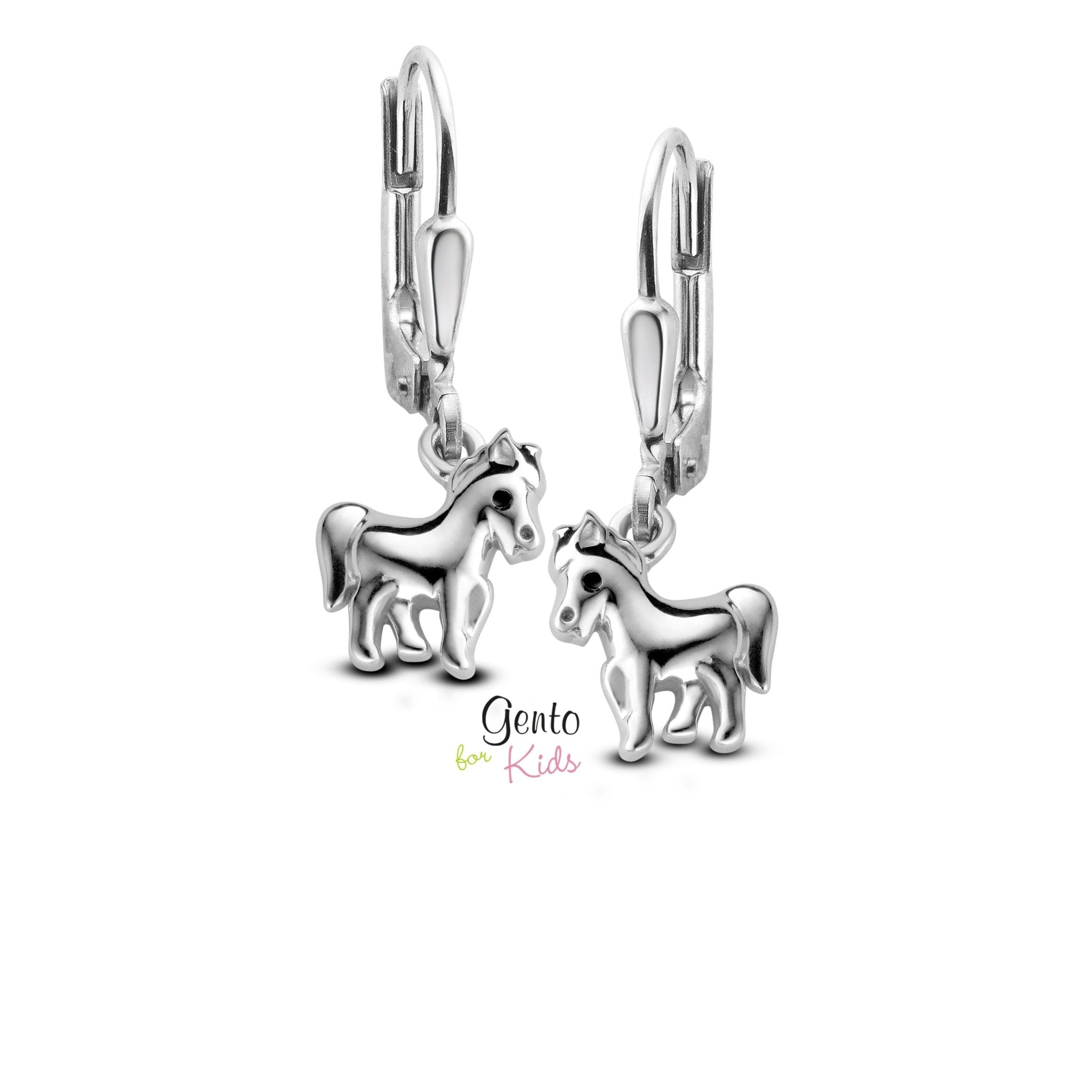 Zilveren kinder oorbellen paarden Gento for kids brisure sluiting/oorslinger - Staartjes en Strikjes