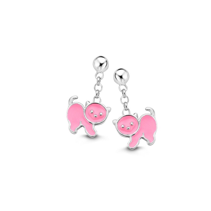 Zilveren kinder oorbellen poes hardroze hangertjes Naiomy Princess - Staartjes en Strikjes