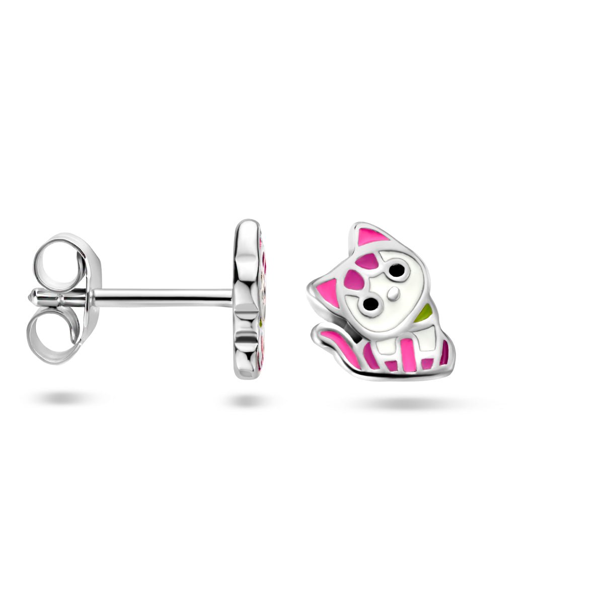 Zilveren kinder oorbellen poesje roze - Staartjes en Strikjes