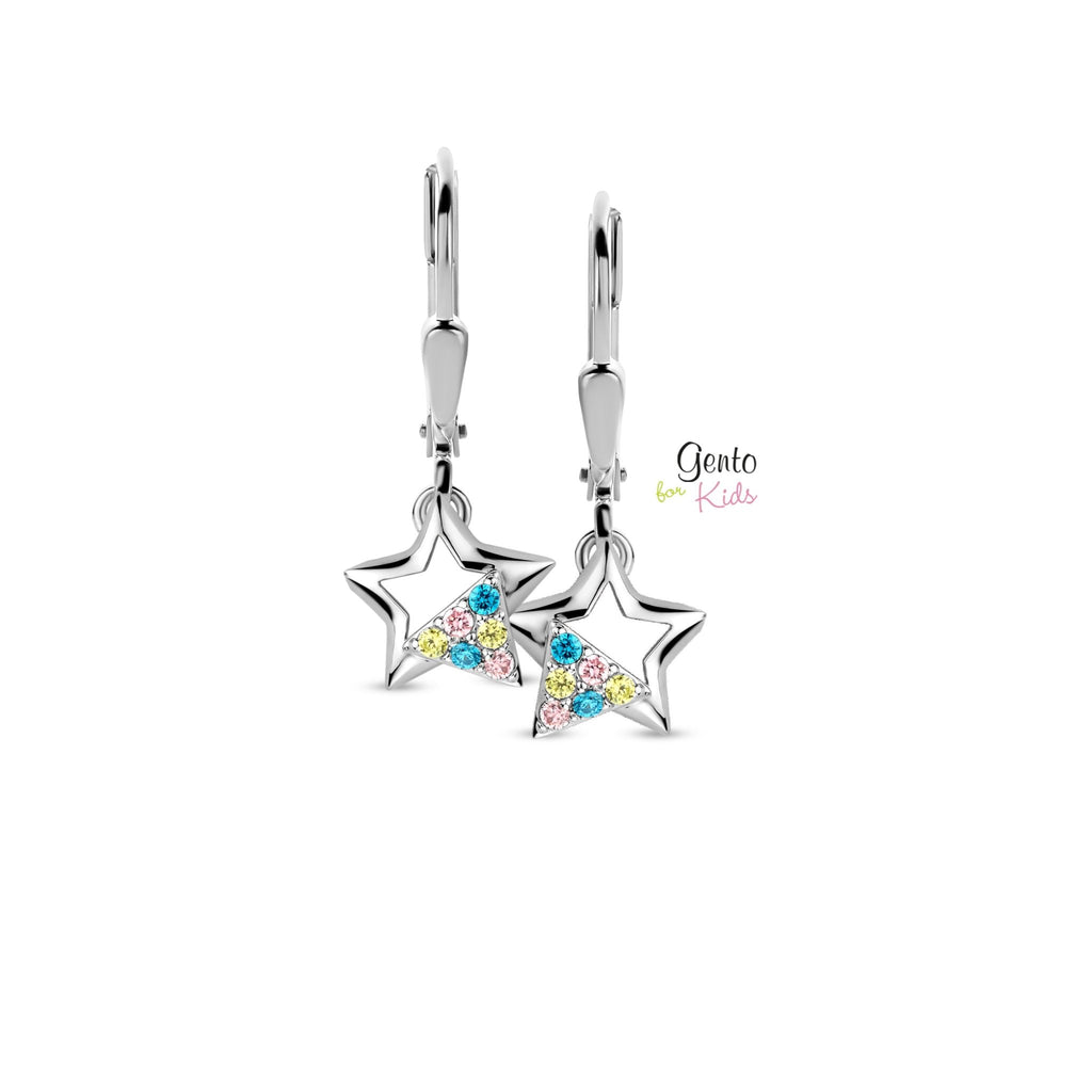 Zilveren kinder oorbellen ster gekleurde steentjes Gento for kids brisure sluiting/oorslinger - Staartjes en Strikjes