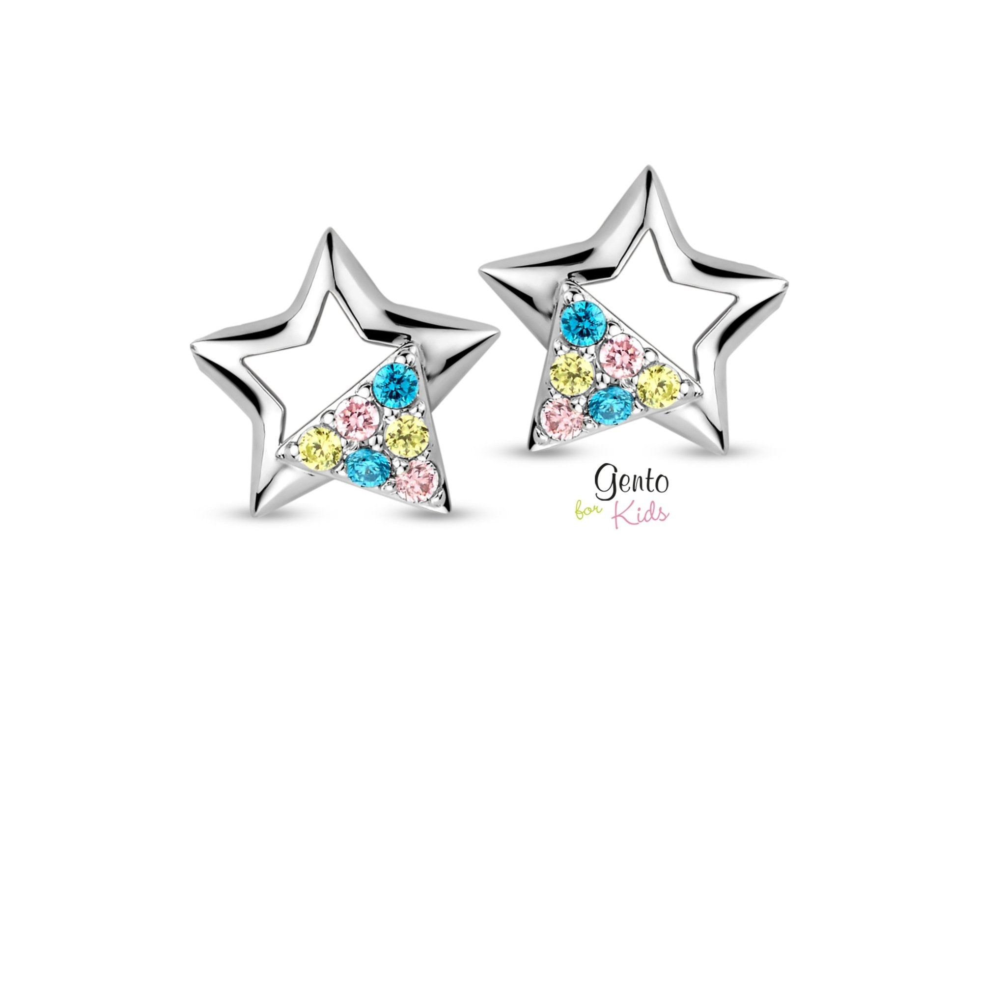 Zilveren kinder oorbellen sterretjes met gekleurde steentje Gento for kids - Staartjes en Strikjes