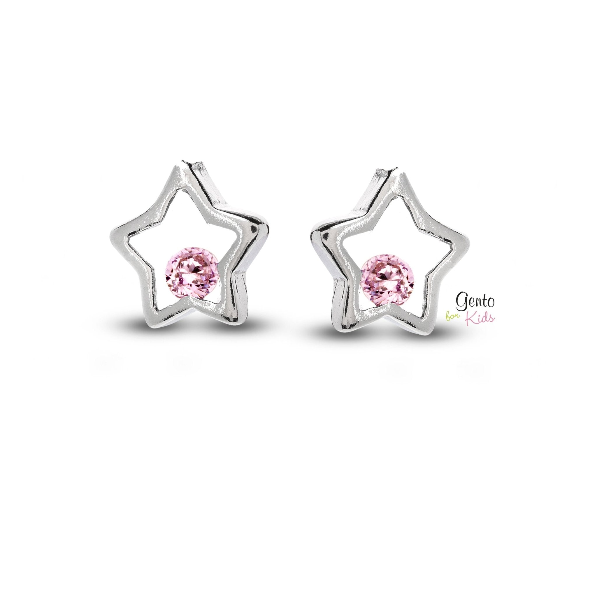 Zilveren kinder oorbellen sterretjes met zirconia Gento for kids - Staartjes en Strikjes