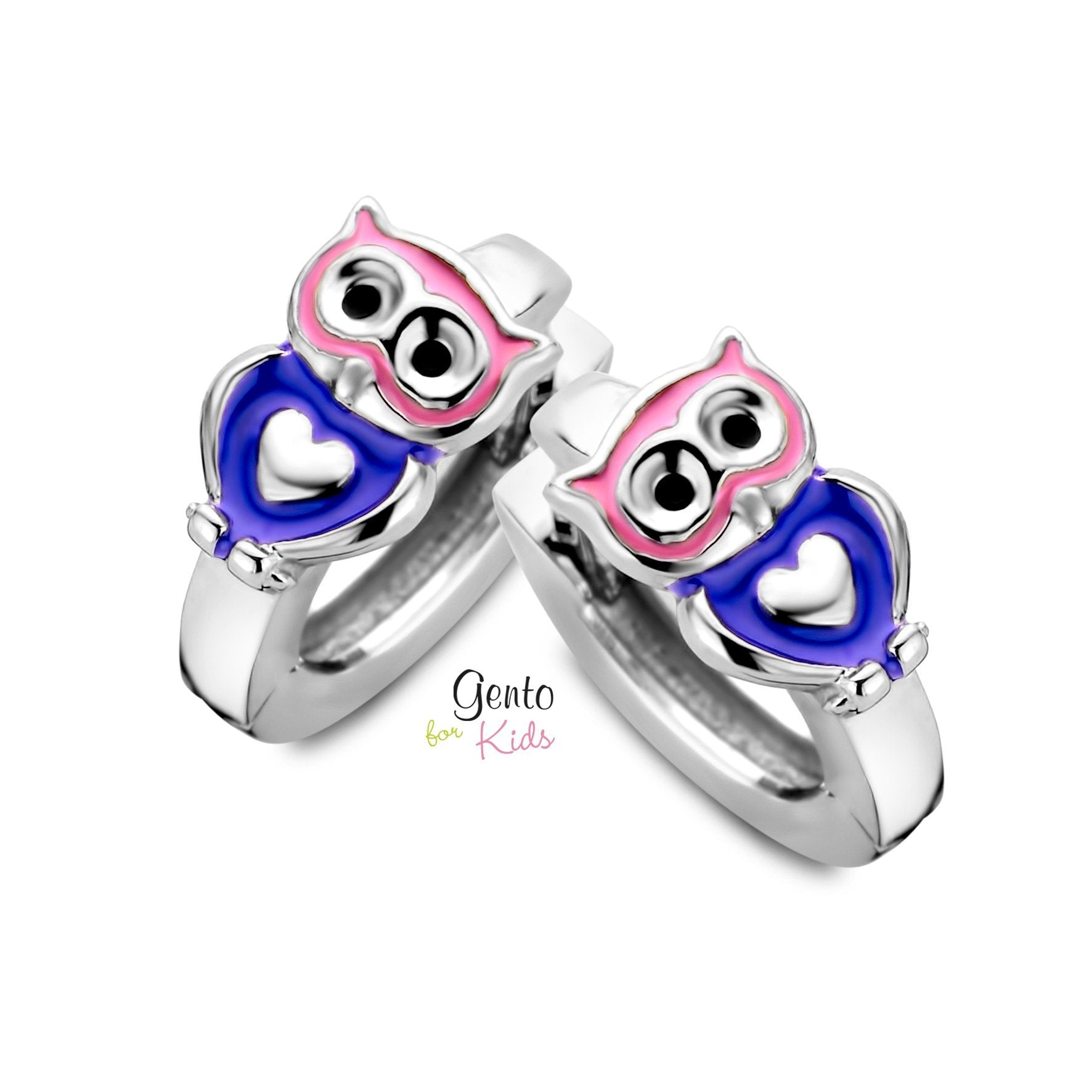 Zilveren kinder oorbellen uiltjes roze/paars Gento kids oorringen/creolen - Staartjes en Strikjes