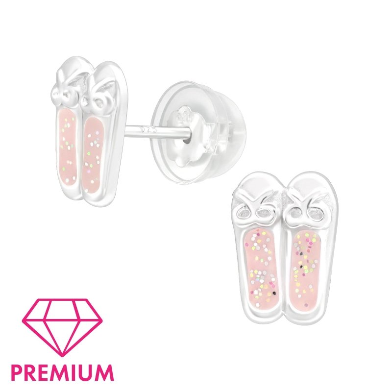 Zilveren kinderoorbellen balletschoen lichtroze glitter - Staartjes en Strikjes