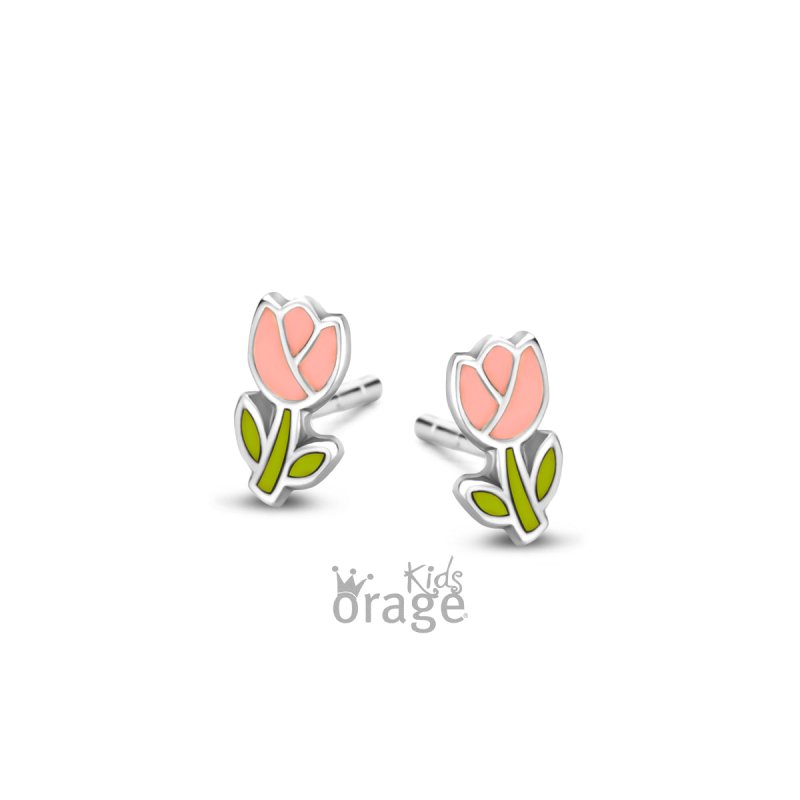 Zilveren kinderoorbellen bloem roze/groen Orage kids - Staartjes en Strikjes