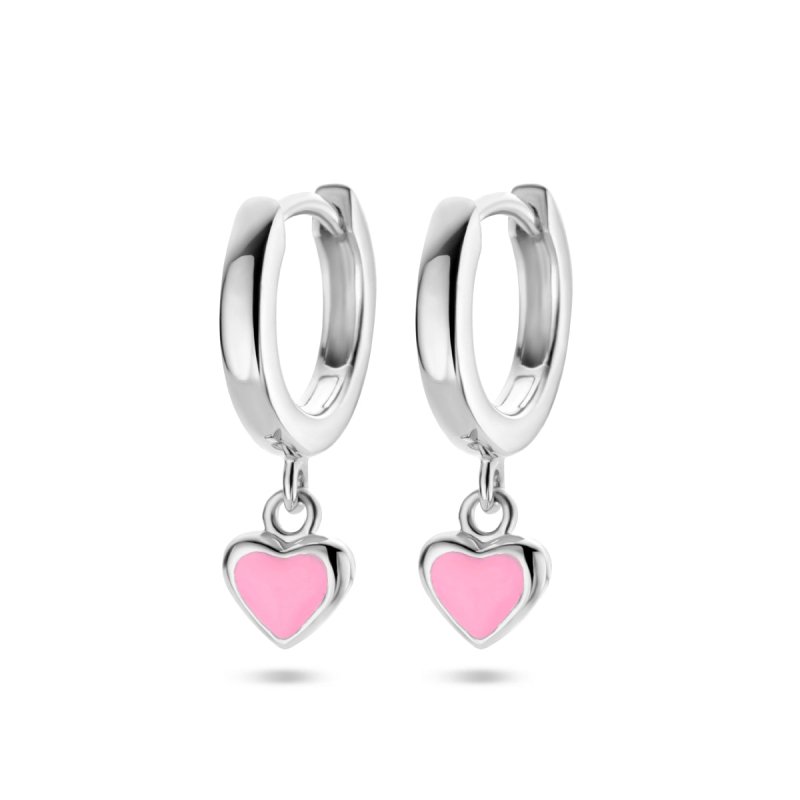 Zilveren kinderoorbellen creolen/oorringen hartje roze - Staartjes en Strikjes