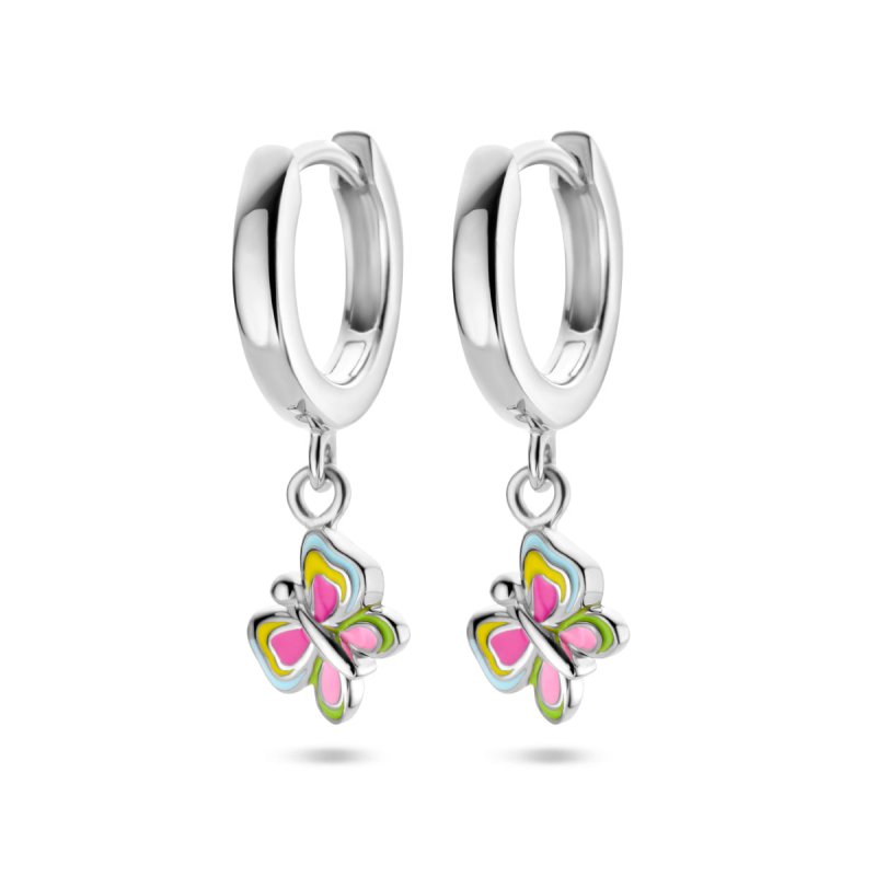 Zilveren kinderoorbellen creolen/oorringen vlindertjes multicolor - Staartjes en Strikjes