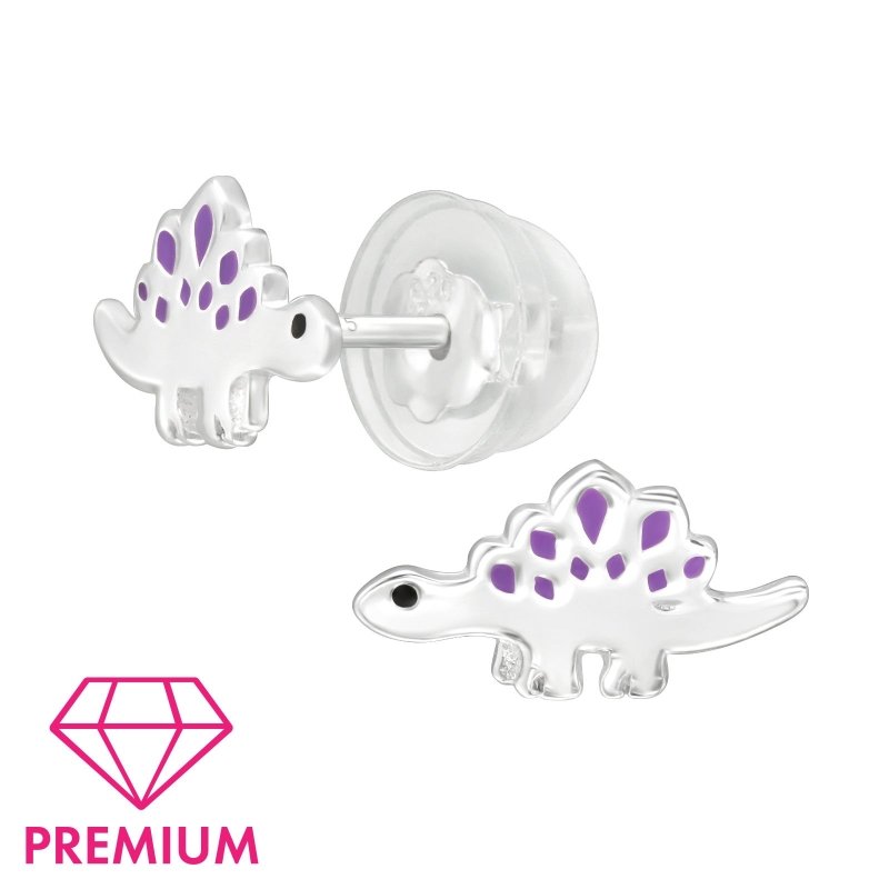 Zilveren kinderoorbellen dinosaurus paars - Staartjes en Strikjes